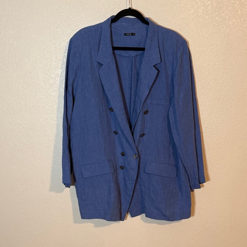 Vivid Blue Linen Roll Tab Sleeves Blazer Size 3X